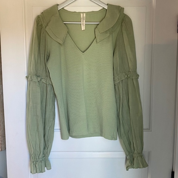 By Anthropologie Ruffled Shirt Blouse Top Solid Ribbed Long Sleeve M NWOT - Picture 2 of 8